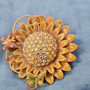 Gold Sunflower Brooch with Crystals